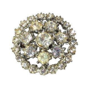 Silver Tone Cluster Rhinestone Crystal Round Brooch Pin Pendant Vintage 1950s
